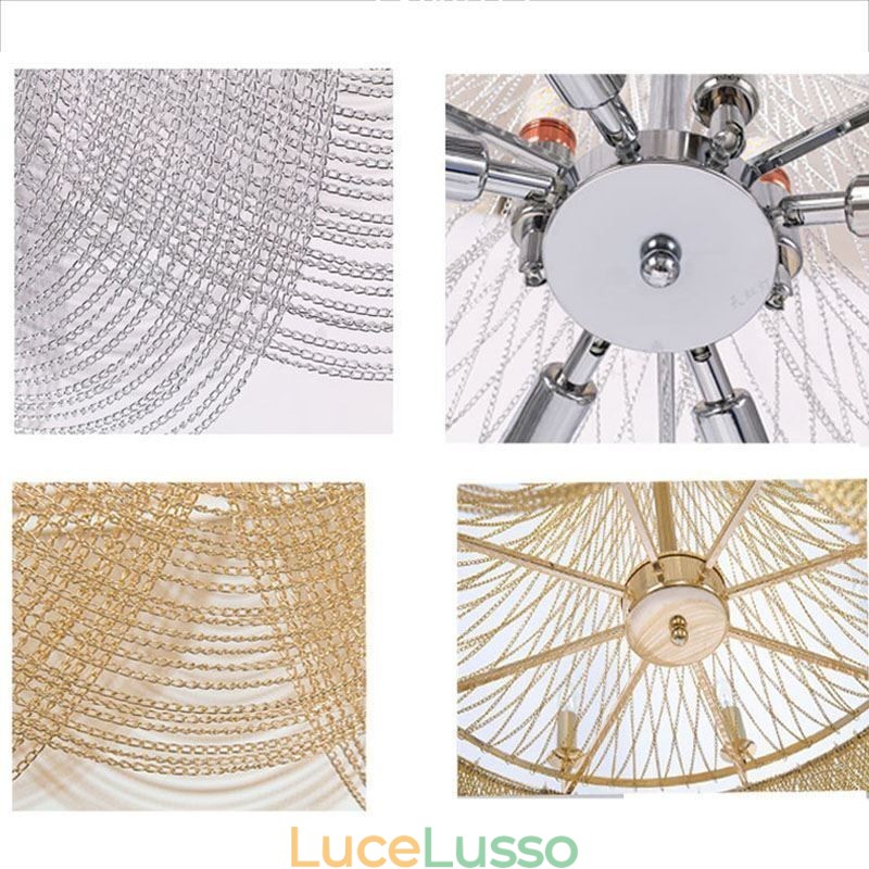Lampada a sospensione a catena in alluminio Luce creativa Luce decorativa a nappa di lusso Oro Argento