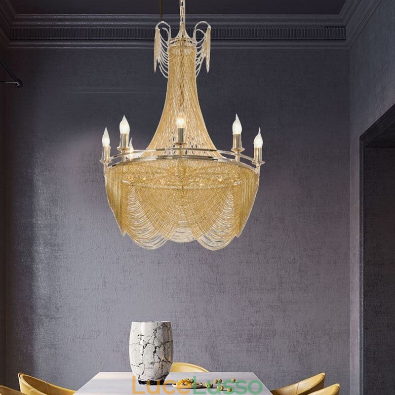 Lampada a sospensione a catena in alluminio Luce creativa Luce decorativa a nappa di lusso Oro Argento