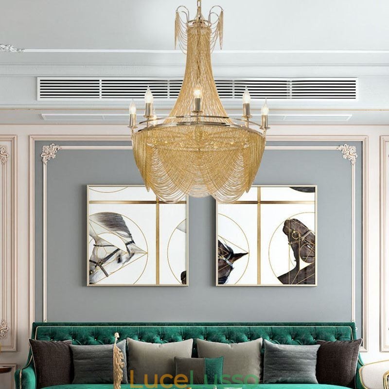 Lampada a sospensione a catena in alluminio Luce creativa Luce decorativa a nappa di lusso Oro Argento