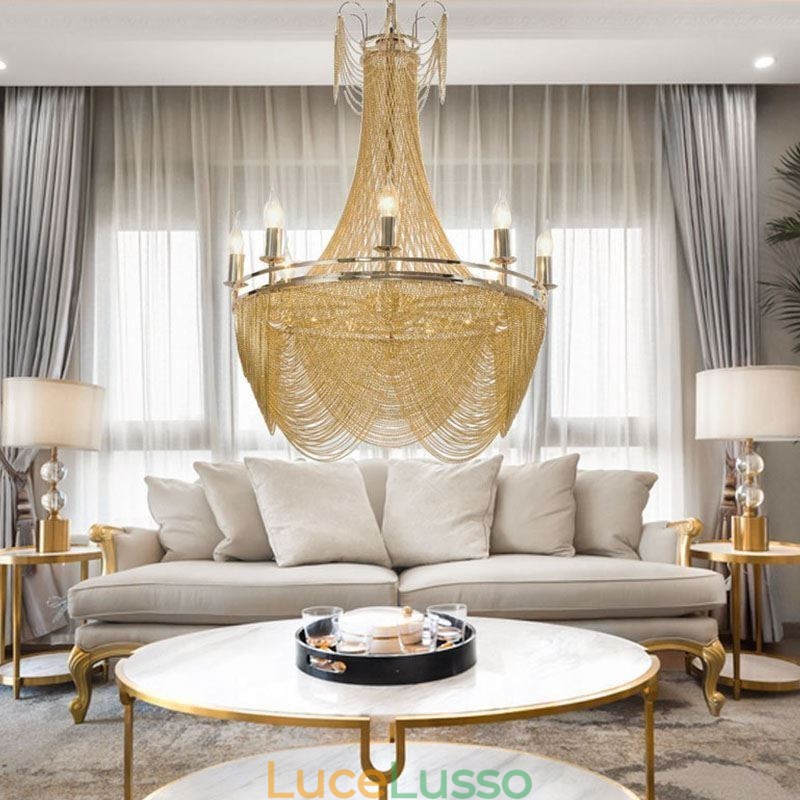 Lampada a sospensione a catena in alluminio Luce creativa Luce decorativa a nappa di lusso Oro Argento