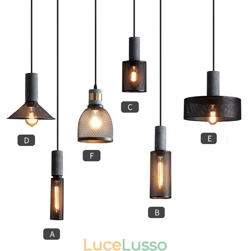 Lampada a sospensione nera, griglia in cemento, lampada da soffitto retrò country