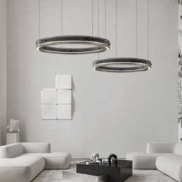 Lampada a sospensione 60+80CM Doppio cerchio Lampada da soffitto in vetro Regolabile in continuo con telecomando