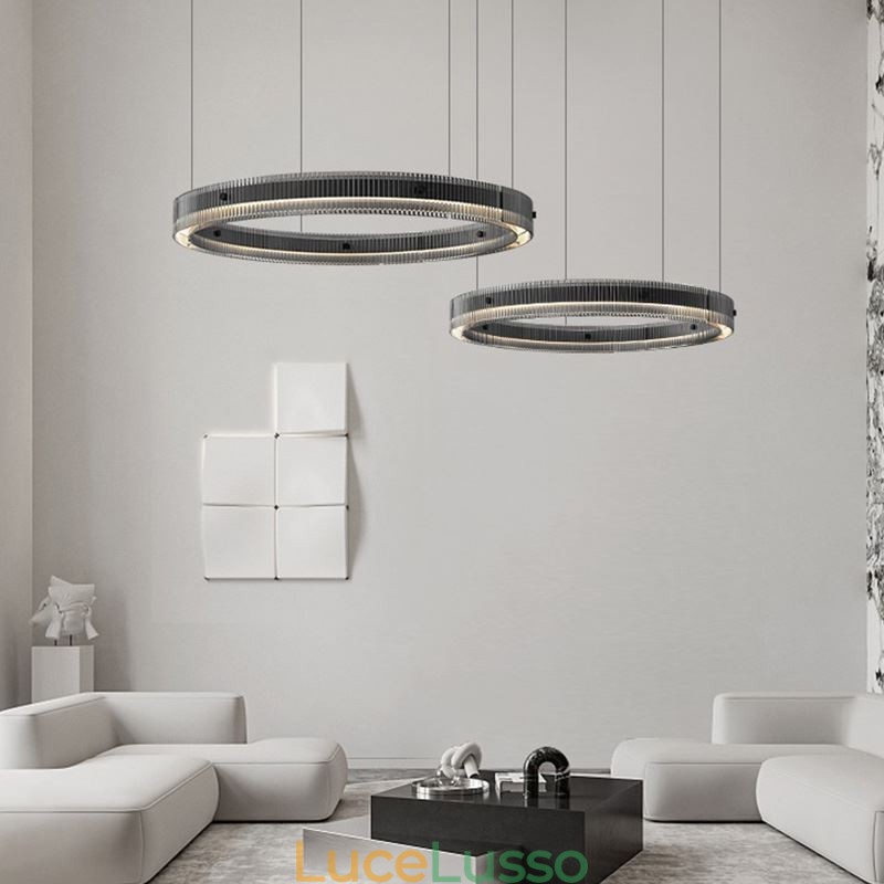 Lampada a sospensione 60+80CM Doppio cerchio Lampada da soffitto in vetro Regolabile in continuo con telecomando