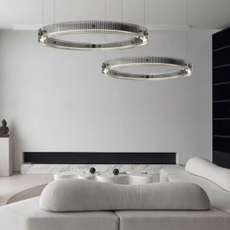 Lampada a sospensione 60+80CM Doppio cerchio Lampada da soffitto in vetro Regolabile in continuo con telecomando