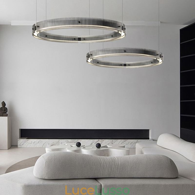 Lampada a sospensione 60+80CM Doppio cerchio Lampada da soffitto in vetro Regolabile in continuo con telecomando