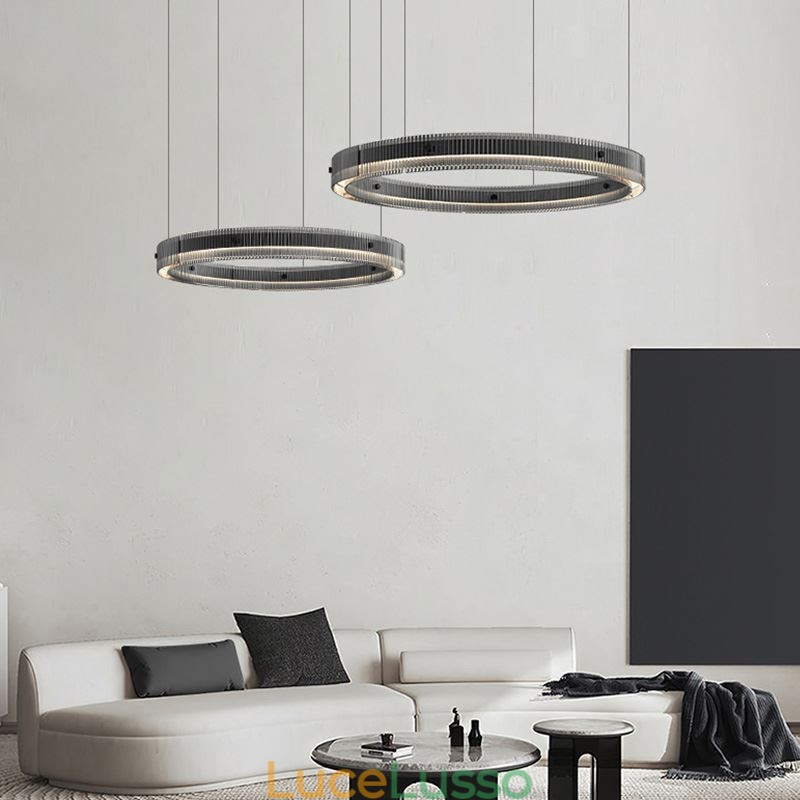 Lampada a sospensione 60+80CM Doppio cerchio Lampada da soffitto in vetro Regolabile in continuo con telecomando