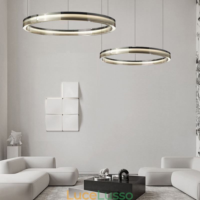 Lampada da soffitto in vetro 60+80CM Decorazione circolare Lampada a sospensione a doppio cerchio Dimmerazione tricromatica