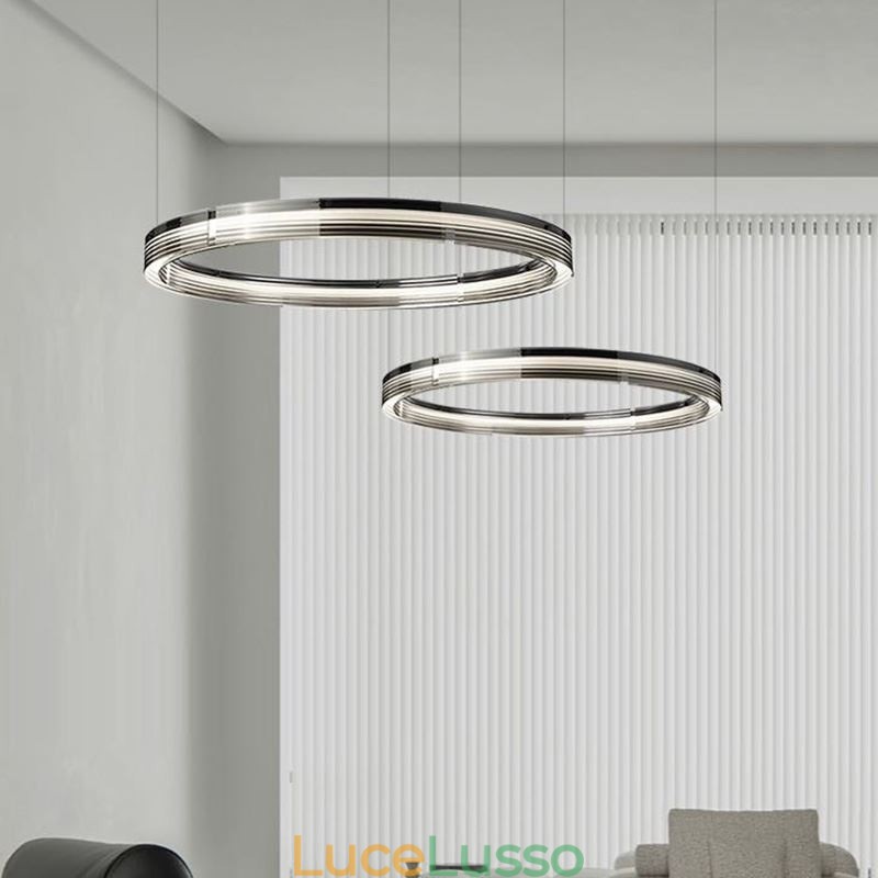 Lampada da soffitto in vetro 60+80CM Decorazione circolare Lampada a sospensione a doppio cerchio Dimmerazione tricromatica