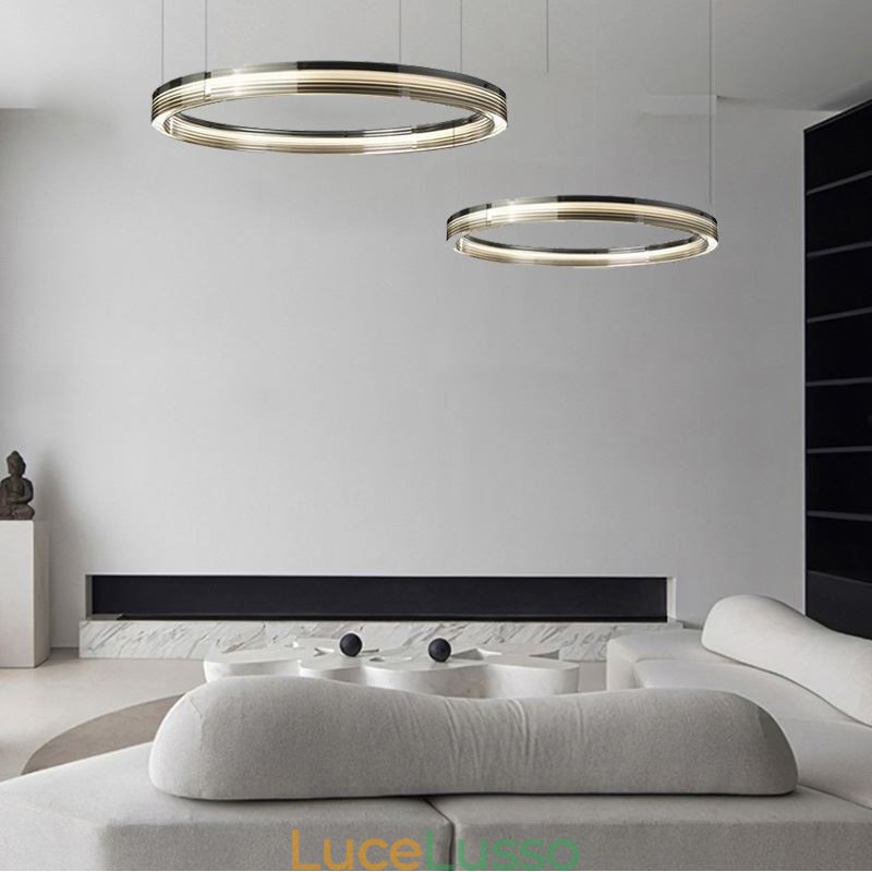 Lampada da soffitto in vetro 60+80CM Decorazione circolare Lampada a sospensione a doppio cerchio Dimmerazione tricromatica