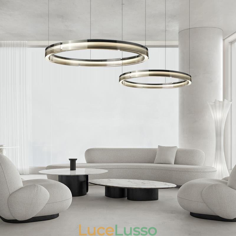 Lampada da soffitto in vetro 60+80CM Decorazione circolare Lampada a sospensione a doppio cerchio Dimmerazione tricromatica