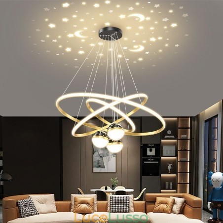 Semplice lampada a sospensione in ferro battuto, plafoniera a tre cerchi in silicone Semplice lampada a sospensione in ferro battuto, plafoniera a tre cerchi in silicone