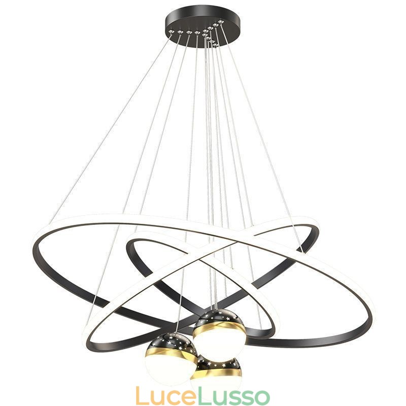 Semplice lampada a sospensione in ferro battuto, plafoniera a tre cerchi in silicone