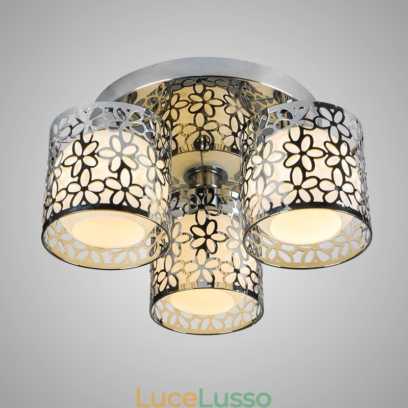 Lampada a soffitto a tre luci con cupola in vetro, montaggio a filo
