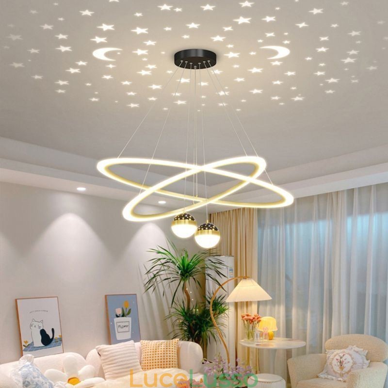 Lampada a sospensione in ferro battuto, acrilico, cielo stellato, anello, luce da soffitto