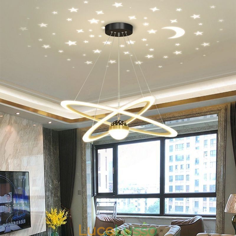 Lampada a sospensione in ferro battuto, acrilico, cielo stellato, anello, luce da soffitto