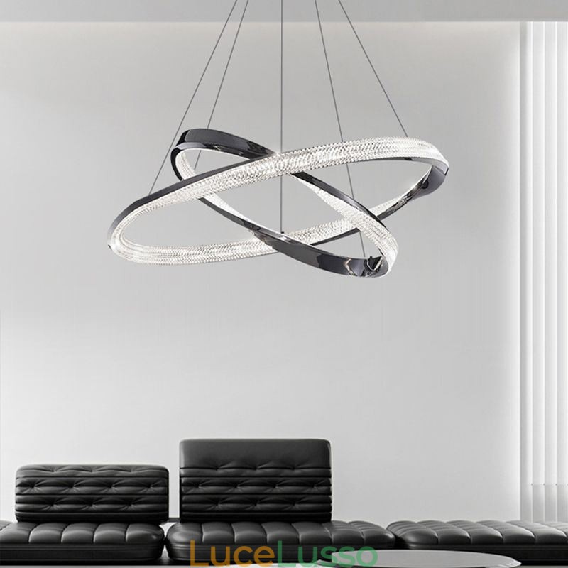 Lampada a sospensione in ferro battuto, anello in acrilico, luce da soffitto a doppio cerchio