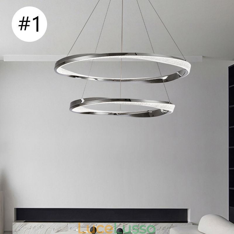 Lampada a sospensione in ferro battuto, anello in acrilico, luce da soffitto a doppio cerchio