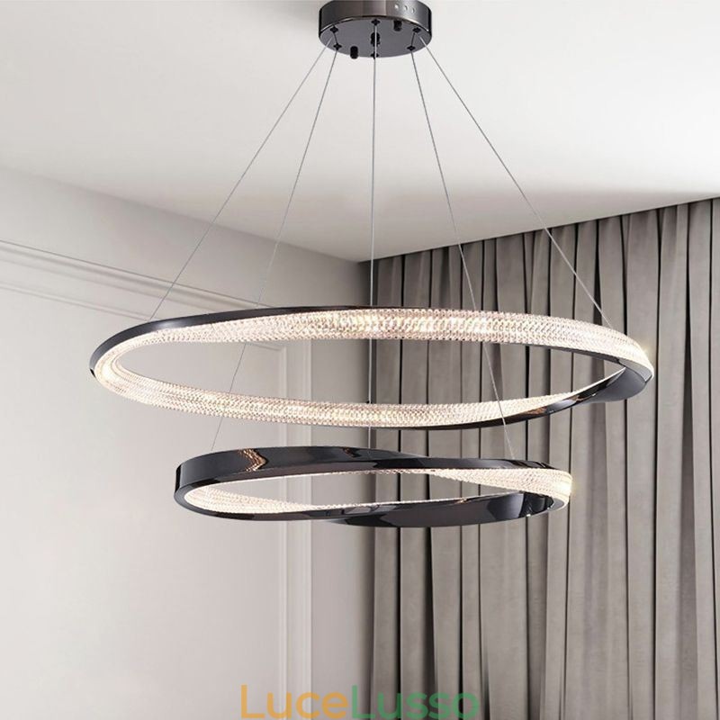 Lampada a sospensione in ferro battuto, anello in acrilico, luce da soffitto a doppio cerchio