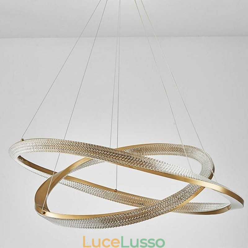 Lampada a sospensione in ferro battuto, anello in acrilico, luce da soffitto a doppio cerchio