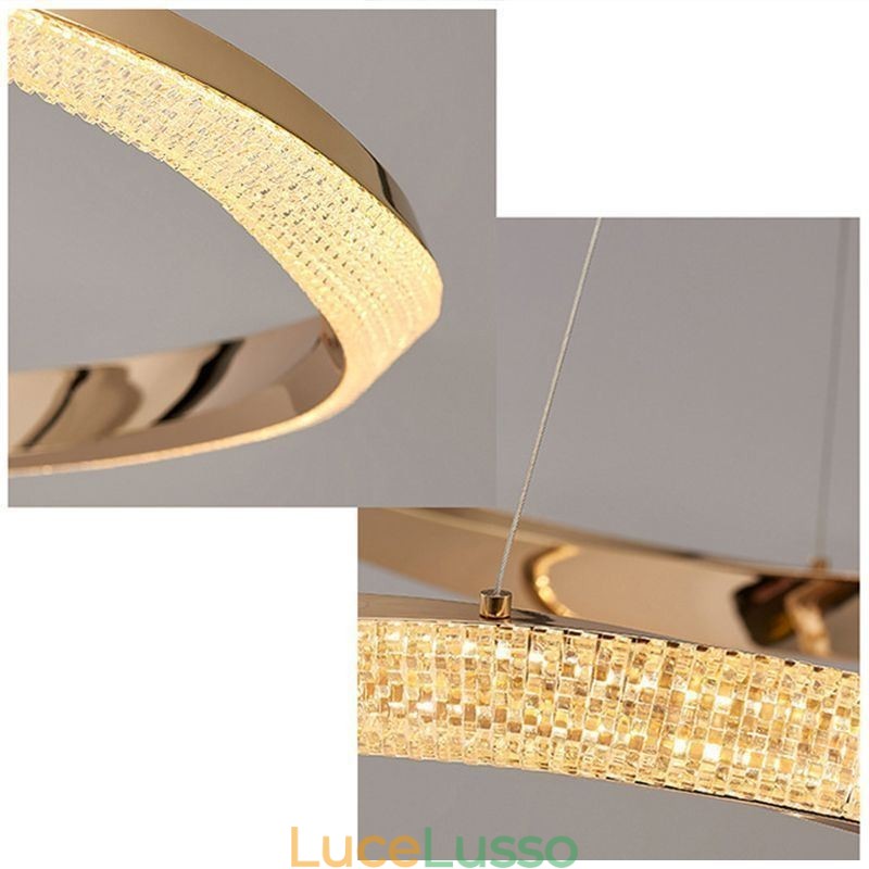 Lampada a sospensione in ferro battuto, anello in acrilico, luce da soffitto a doppio cerchio