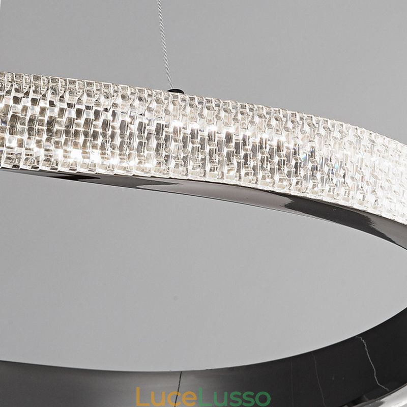 Lampada a sospensione in ferro battuto, anello in acrilico, luce da soffitto a doppio cerchio
