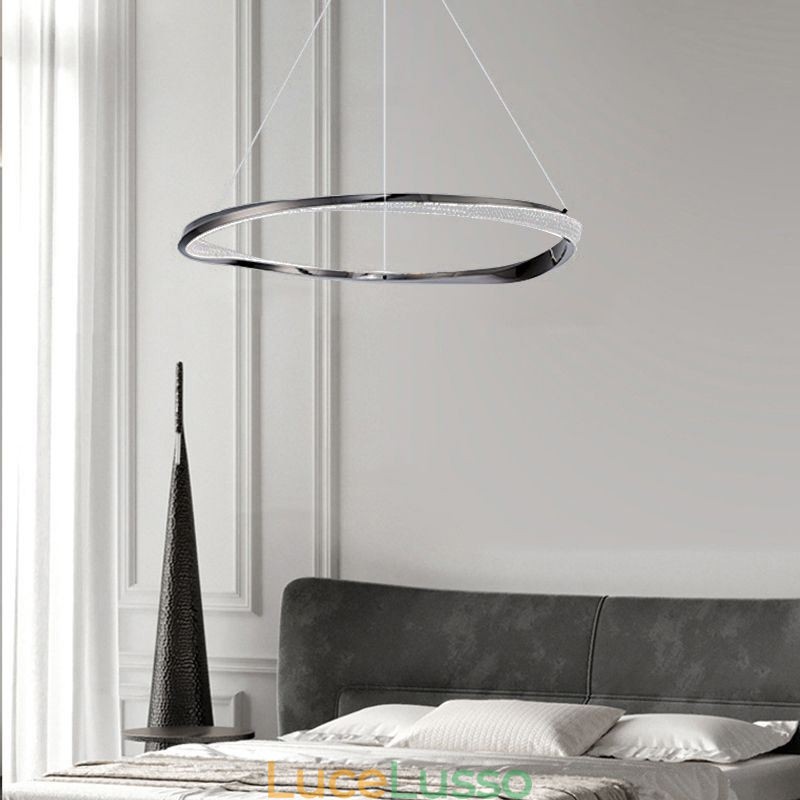 Lampada a sospensione in ferro battuto, anello in acrilico, luce da soffitto a cerchio singolo