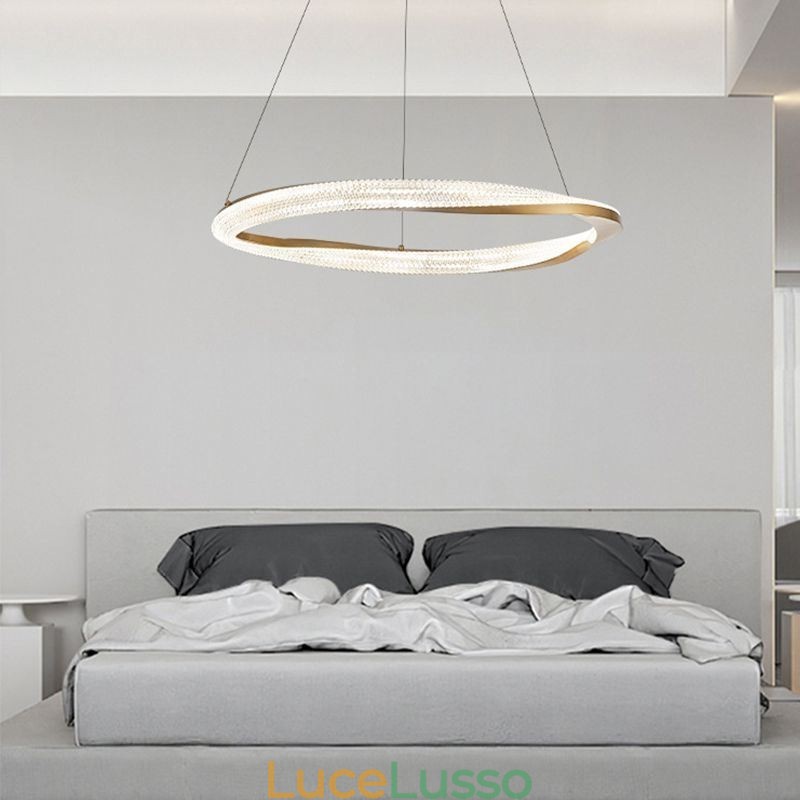 Lampada a sospensione in ferro battuto, anello in acrilico, luce da soffitto a cerchio singolo