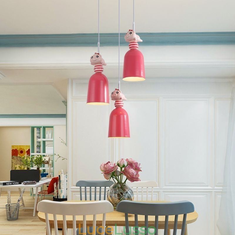 Lampada a sospensione moderna in ferro battuto, lampada da soffitto a forma di porcellino in resina rosa