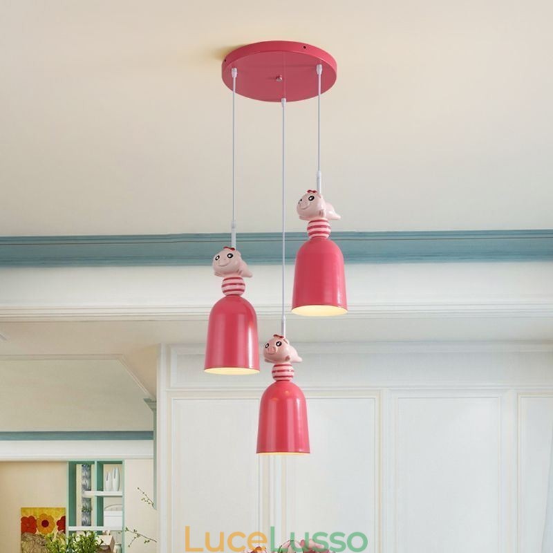 Lampada a sospensione moderna in ferro battuto, lampada da soffitto a forma di porcellino in resina rosa