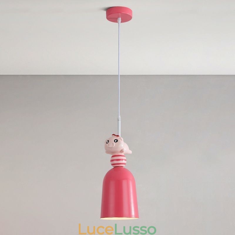 Lampada a sospensione moderna in ferro battuto, lampada da soffitto a forma di porcellino in resina rosa