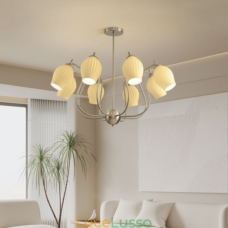 Lampada a sospensione nordica creativa in ferro battuto con stami di fiori in nichel sabbiato