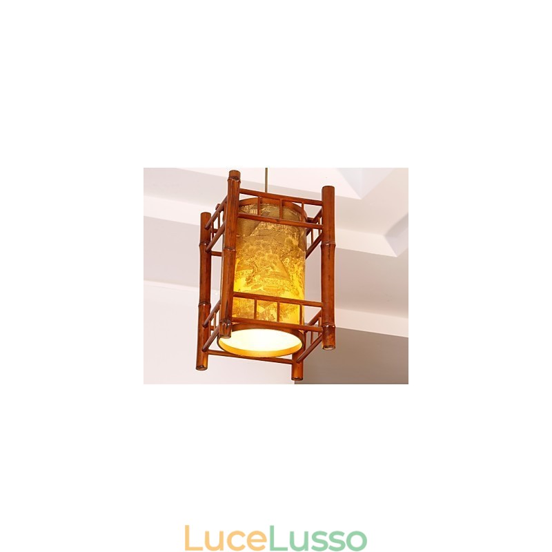 Lampadario retrò in legno e bambù