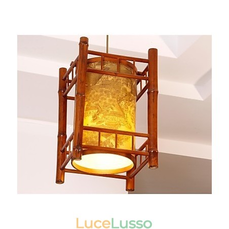 Lampadario retrò in legno e bambù