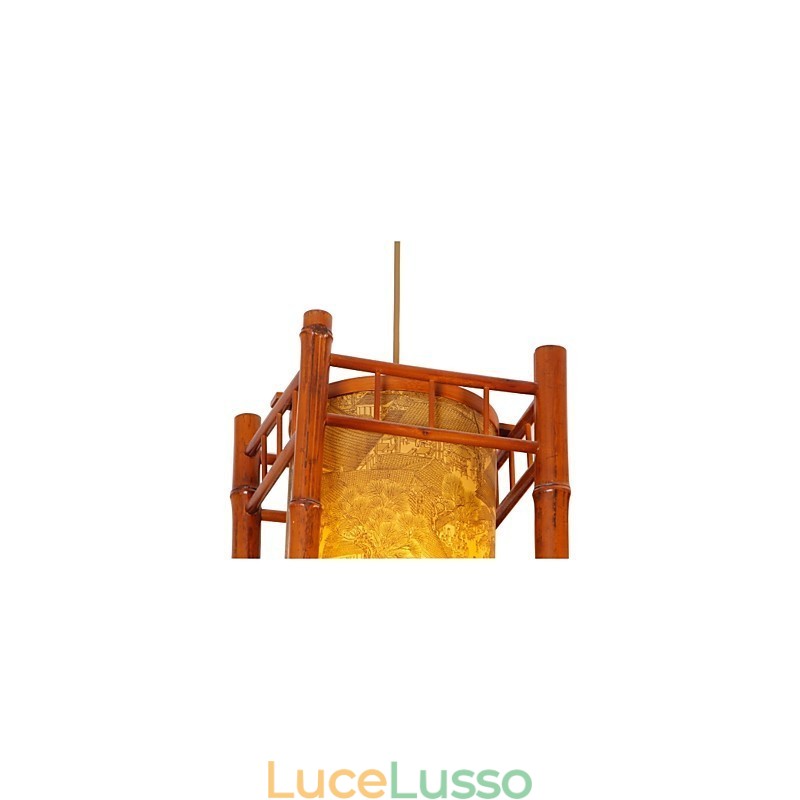 Lampadario retrò in legno e bambù