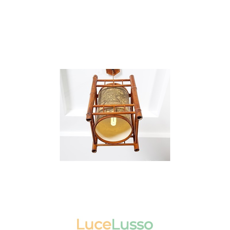 Lampadario retrò in legno e bambù