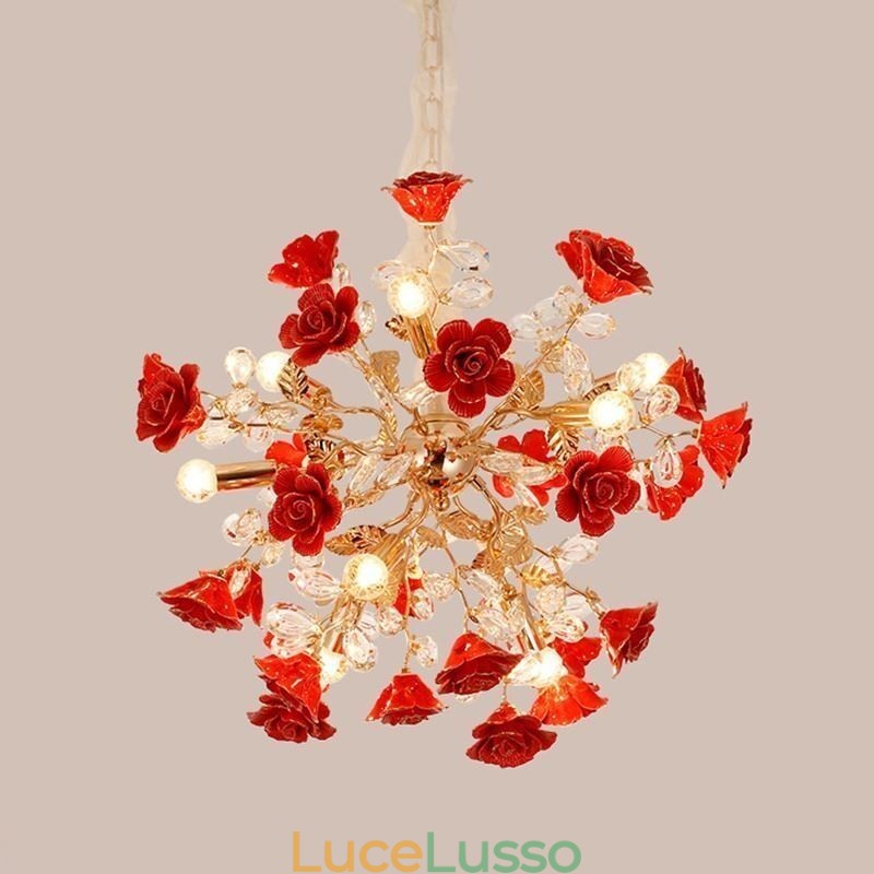 Lampadario di lusso in ceramica con fiore rosso