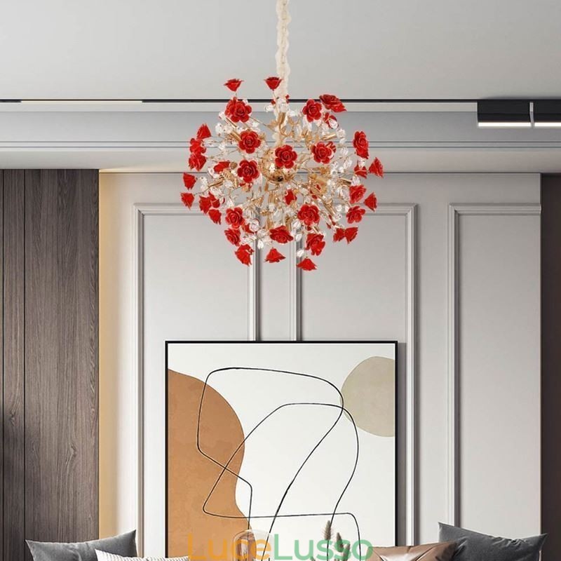 Lampadario di lusso in ceramica con fiore rosso