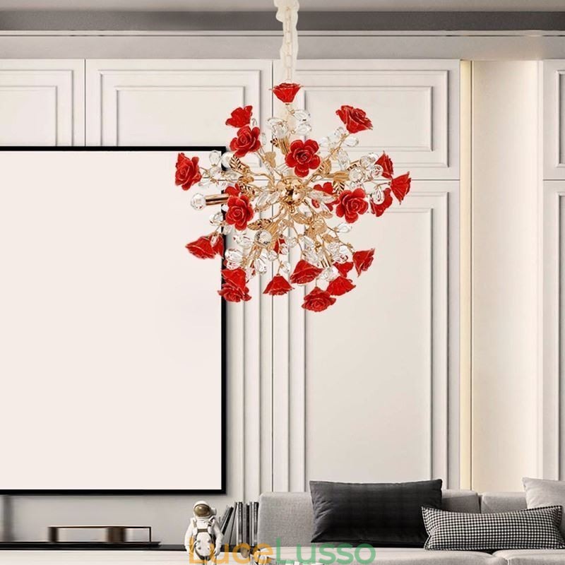 Lampadario di lusso in ceramica con fiore rosso