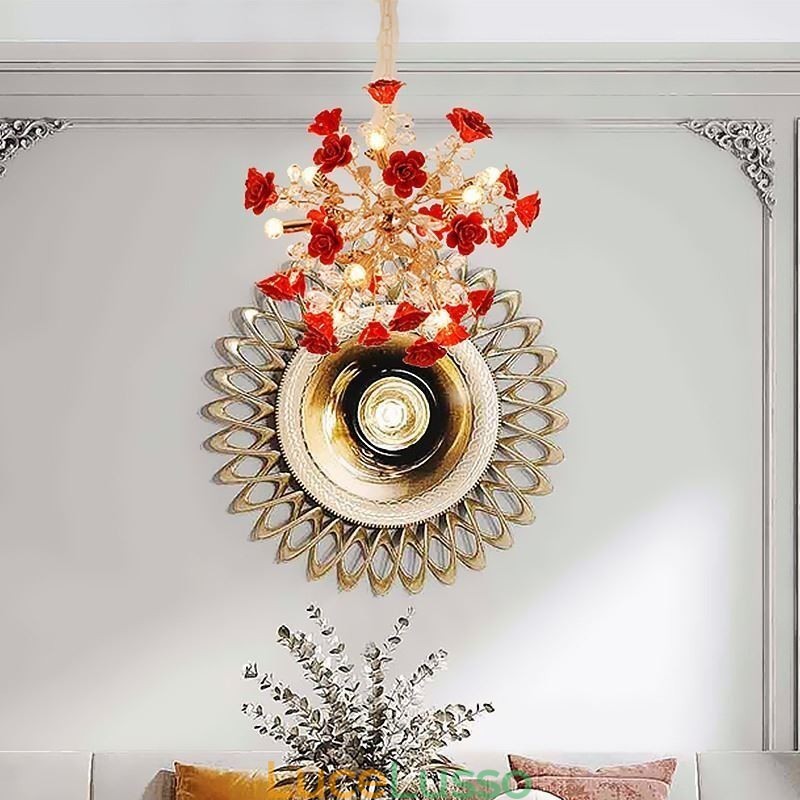 Lampadario di lusso in ceramica con fiore rosso