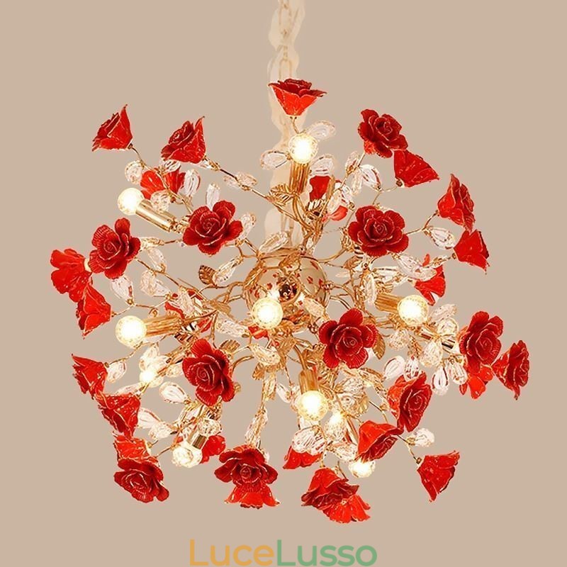 Lampadario di lusso in ceramica con fiore rosso