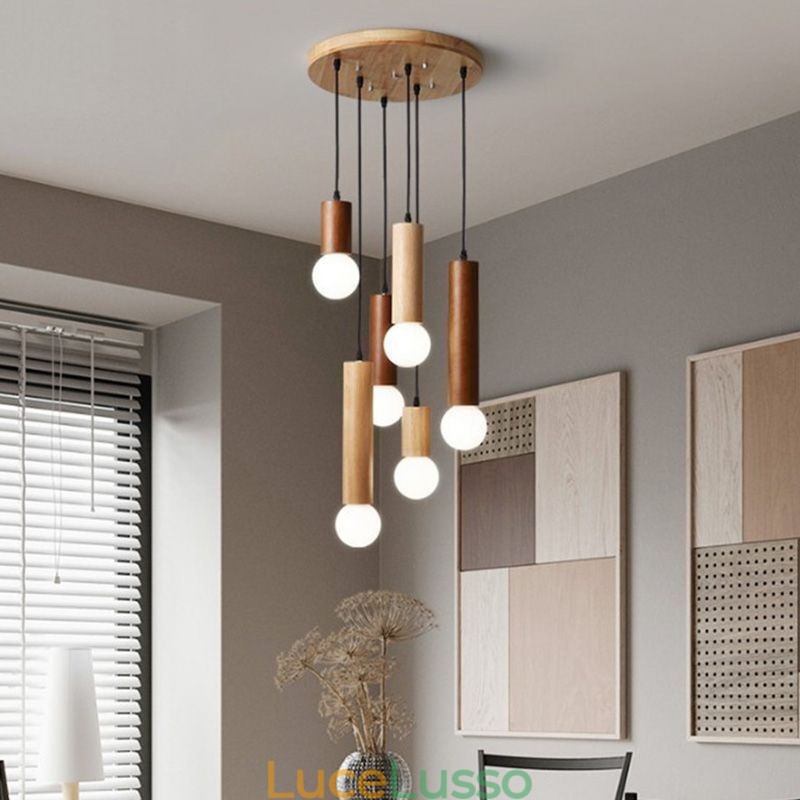 Lampada a sospensione in legno giapponese a 6 luci