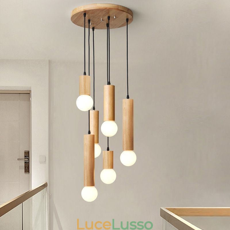 Lampada a sospensione in legno giapponese a 6 luci