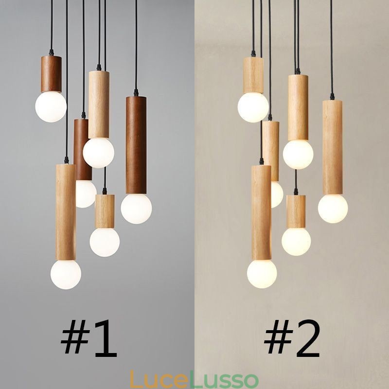 Lampada a sospensione in legno giapponese a 6 luci