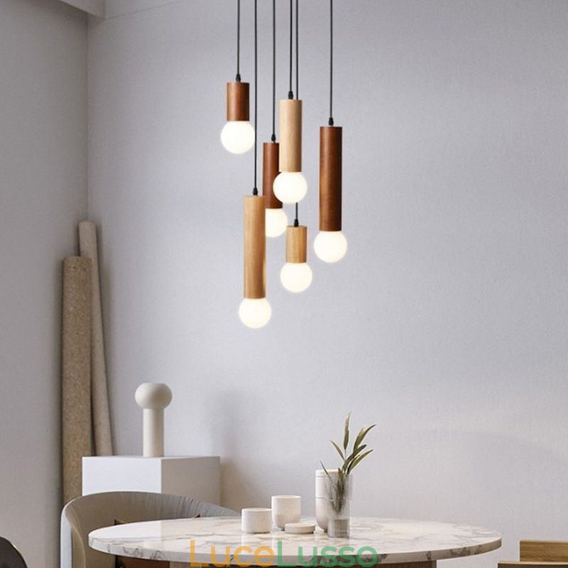 Lampada a sospensione in legno giapponese a 6 luci