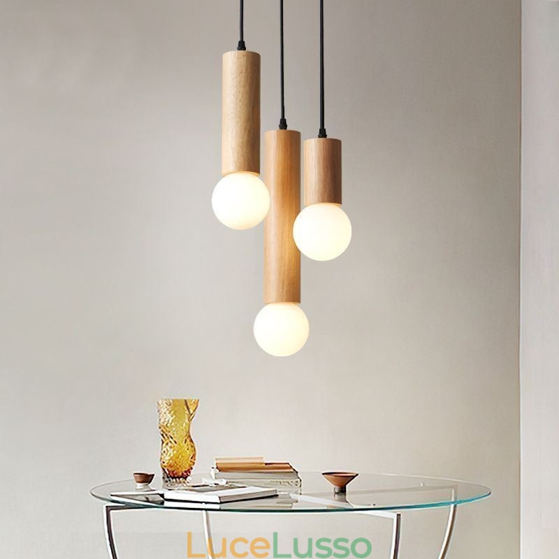 Lampada a sospensione in legno giapponese a 3 luci