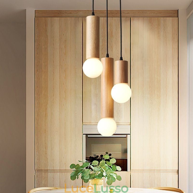 Lampada a sospensione in legno giapponese a 3 luci