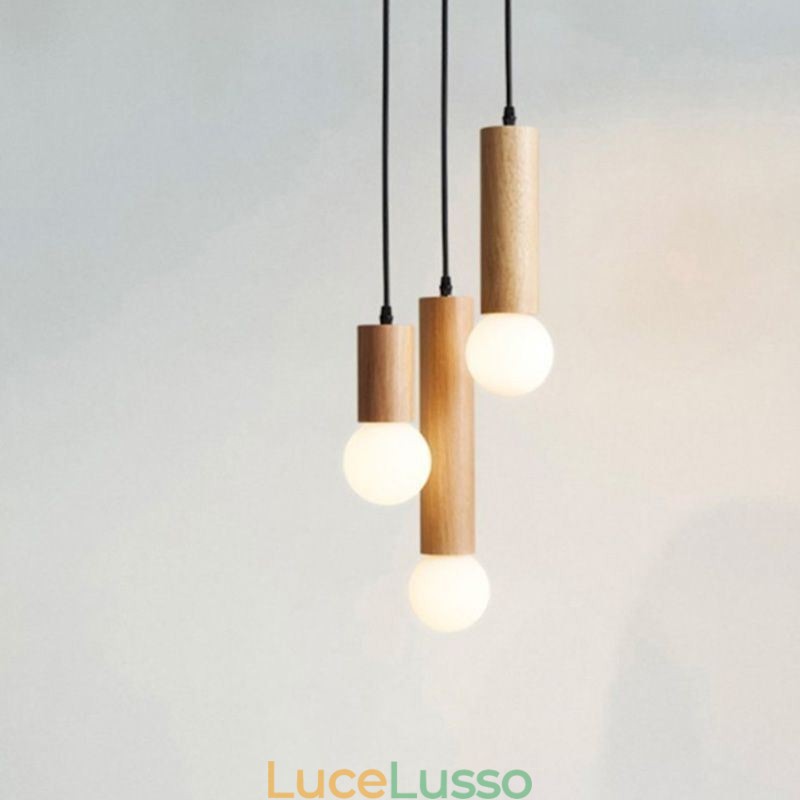 Lampada a sospensione in legno giapponese a 3 luci
