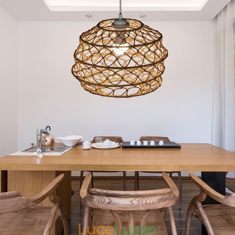 Moderna lampada a sospensione pastorale, lampada a sospensione creativa in rattan con paralume pieghevole