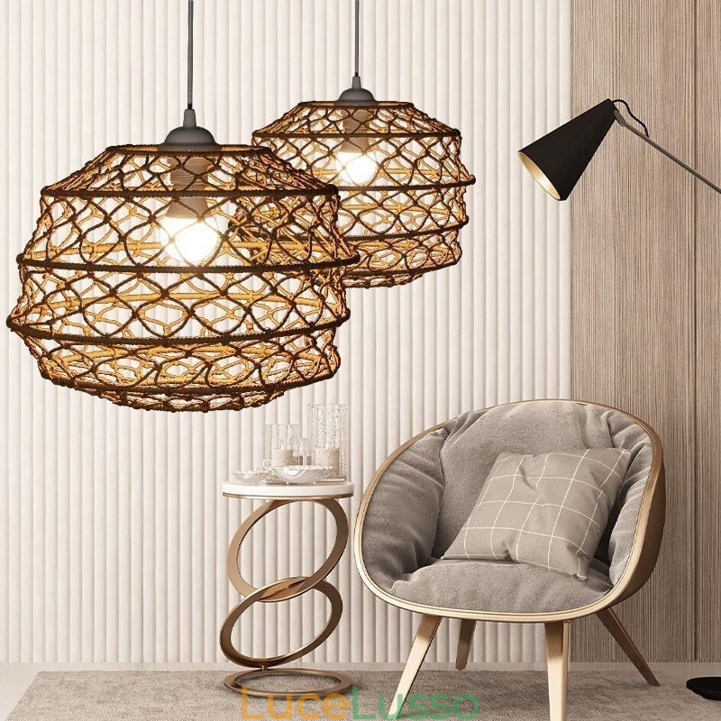 Moderna lampada a sospensione pastorale, lampada a sospensione creativa in rattan con paralume pieghevole