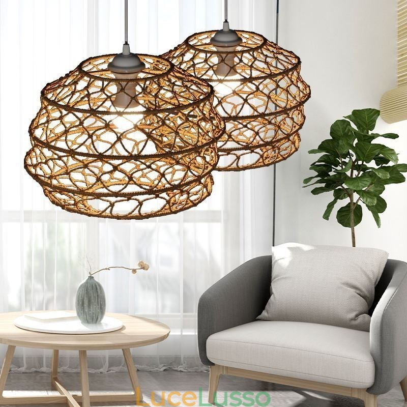 Moderna lampada a sospensione pastorale, lampada a sospensione creativa in rattan con paralume pieghevole